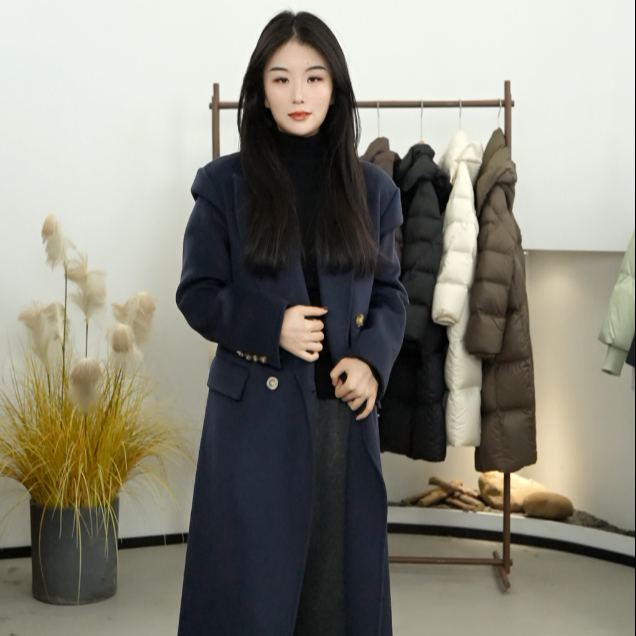 BSiEE本涩中长款大衣时尚百搭秋冬双排扣双面呢
