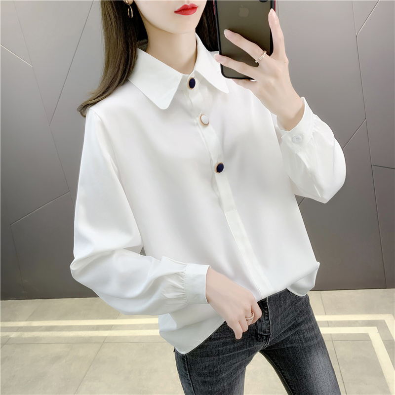 上衣女新款气质洋气早秋新款短款纯色方领长袖衬衣白衬衫