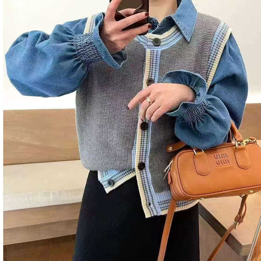 针织开衫马甲女无袖学院风减龄宽松短款条纹撞色毛衣背心马夹女