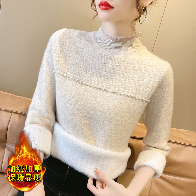一体绒毛衣女加厚套头内搭上衣蕾丝气质半高领加绒针织打底衫秋冬