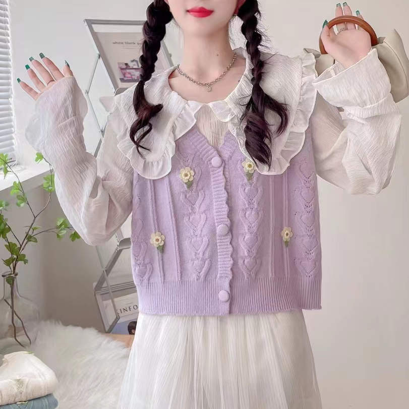 针织小马夹背心短款花朵甜美洋气设计感V领毛衣小个子马甲女春秋