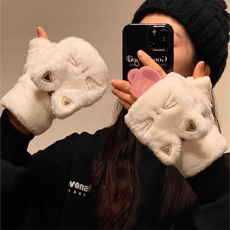 可爱猫咪毛绒翻盖可触屏冬季女生手套半指漏露指加绒加厚保暖防寒