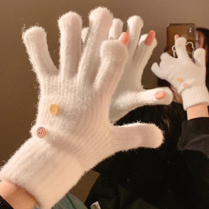 可爱笑脸露指触屏针织毛线分指手套女秋冬季保暖加绒骑车防寒学生