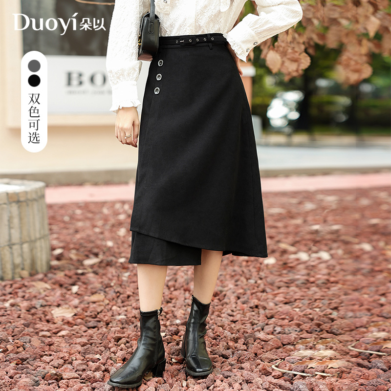 朵以2023冬季新款通勤排扣不对称中长半身裙显瘦A字裙37DD630015