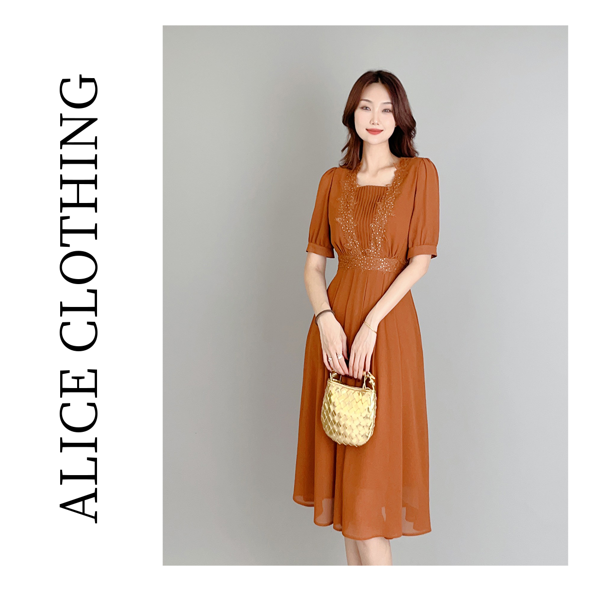 2【ALICE “爱玛橙”连衣裙】蕾丝烫钻 优雅通勤 S1033416W