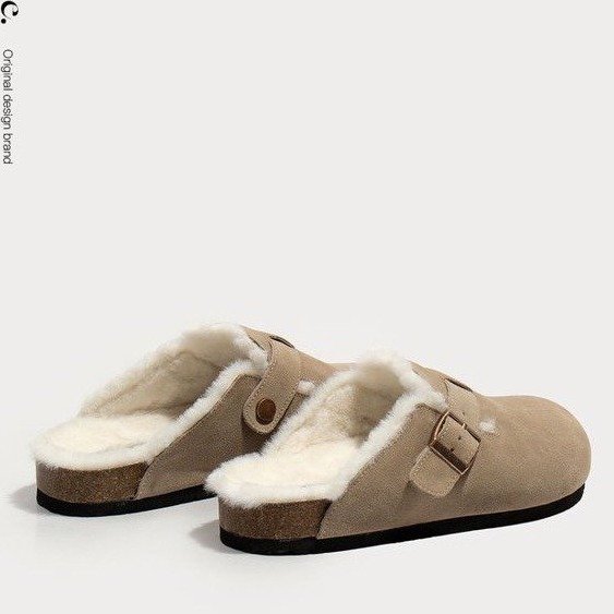 勃肯鞋女2023年新款秋冬季一脚蹬加绒博肯毛毛拖鞋厚底包头半拖鞋
