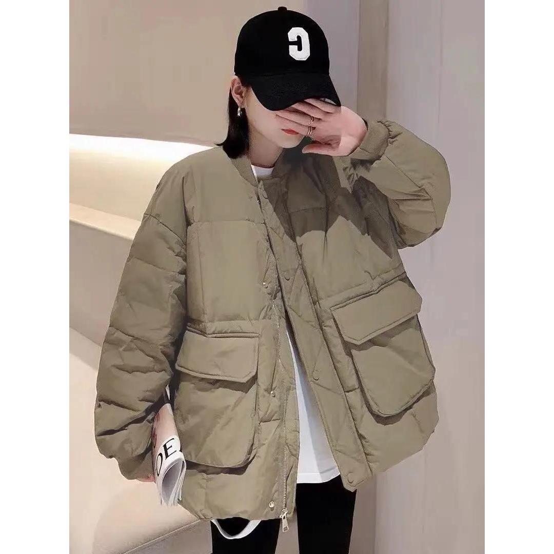 简型圆领羽绒服女秋冬季韩版短款小个子工装外套加厚宽松保暖棉