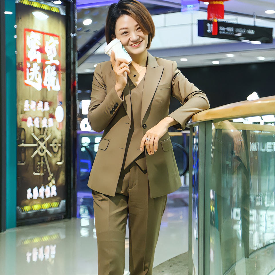 春秋款卡其色单排扣气质修身职业西装马甲西裤单件