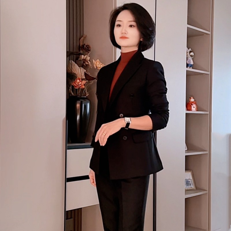 黑色羊毛气质时尚职业修身女士长袖西装套装正装