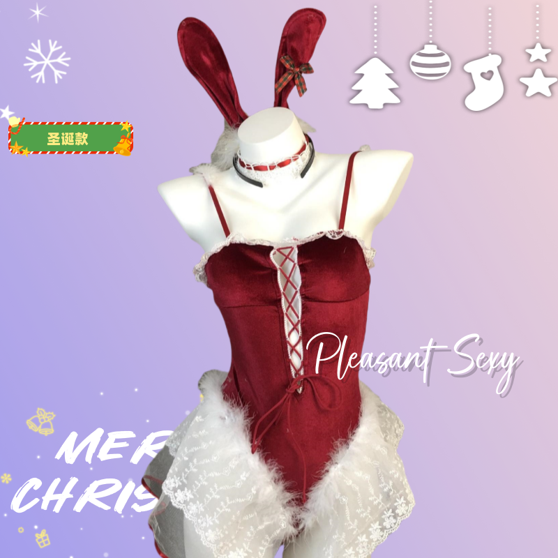 QQ4【兔兔芭蕾】cos兔女郎圣诞派对纯欲刺绣拼接制睡裙丝绒