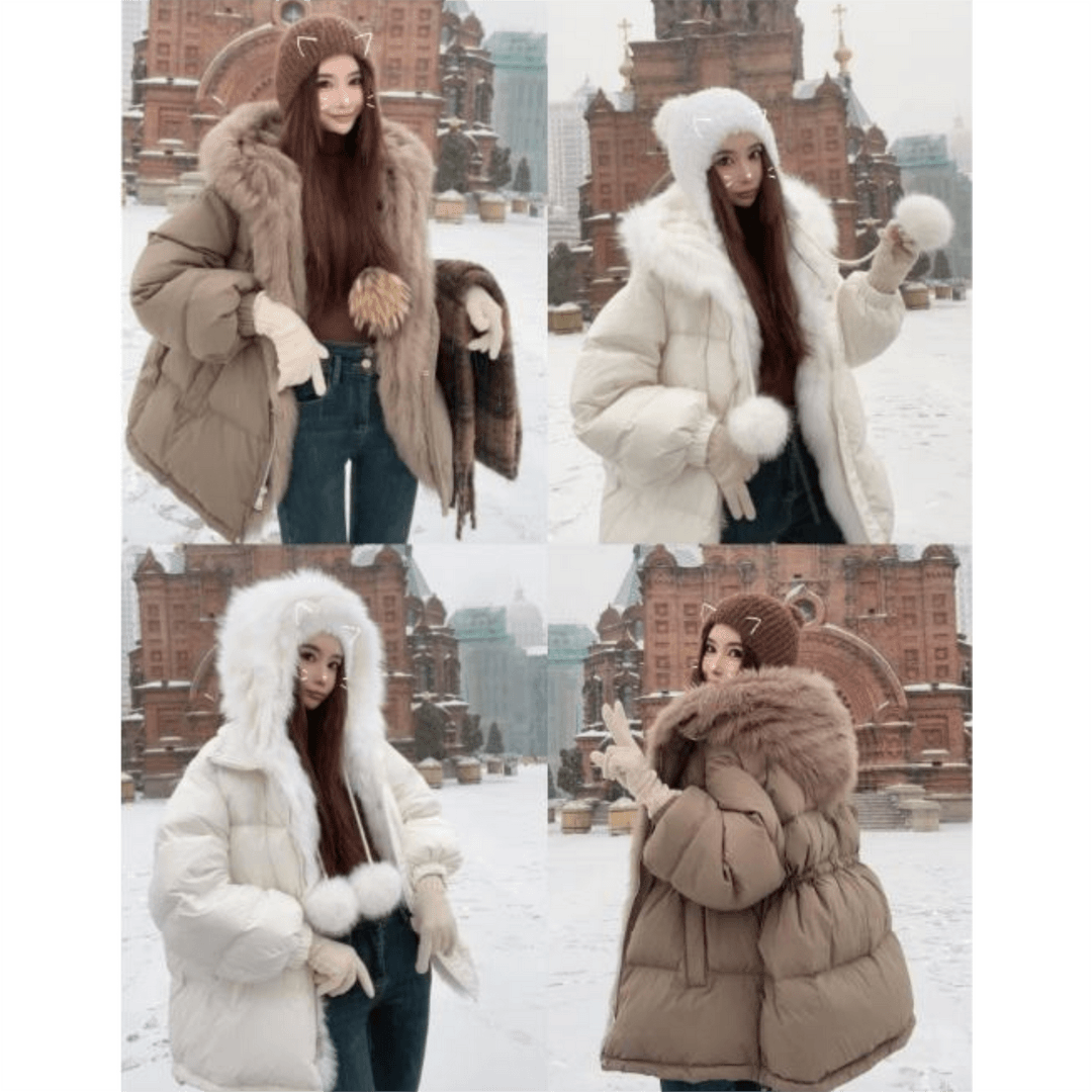 【专】90白鸭绒大狐狸连帽羽绒服2025新款时尚保暖带收腰宽松外套女