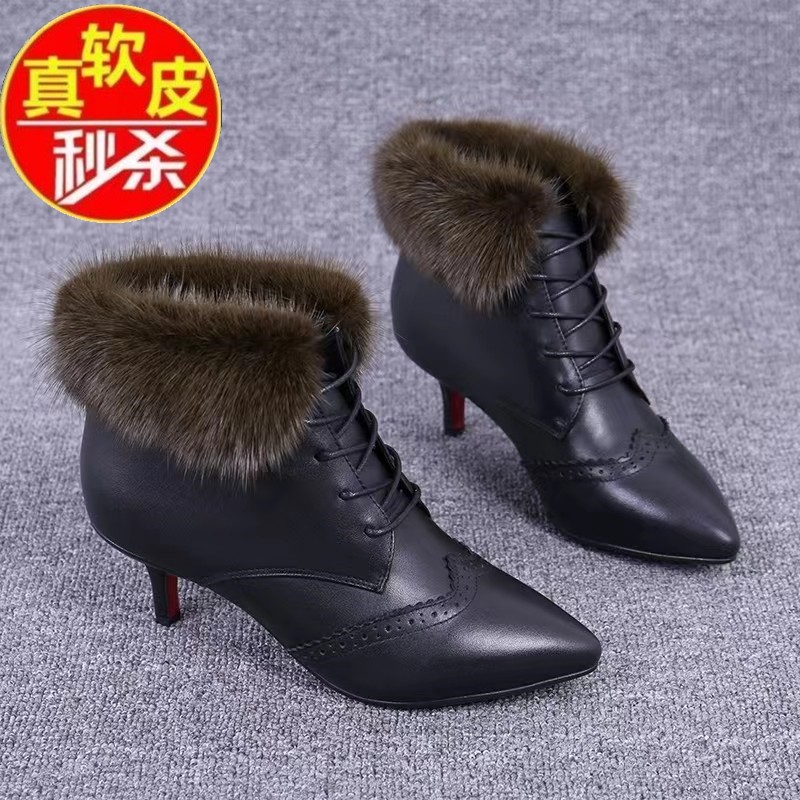 百丽纯爱真皮时尚短靴女2023秋冬貂毛细跟中跟尖头系带时装靴加绒