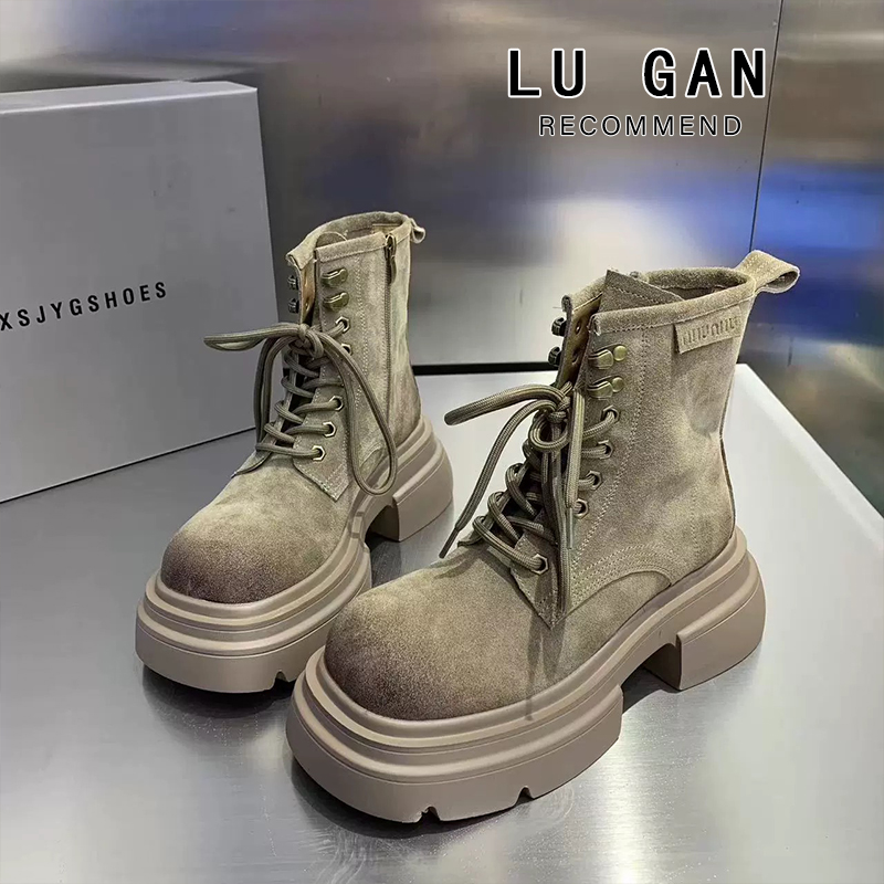 百丽纯爱马丁靴女磨砂皮23秋冬新款加绒复古机车短靴厚底大黄靴粗