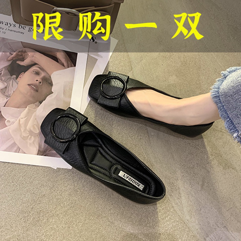 百丽纯爱豆豆鞋女2023春秋新款浅口方头单鞋软底百搭黑色工作鞋