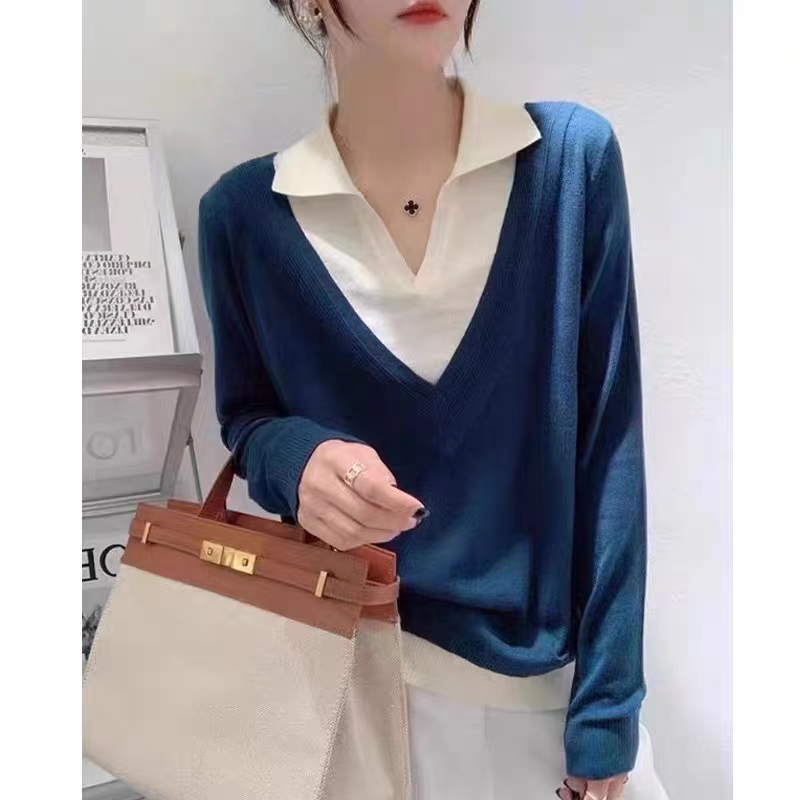 2023春秋宽松水溶POLO领假两件女长袖针织衫毛衣显瘦拼色宽松薄款