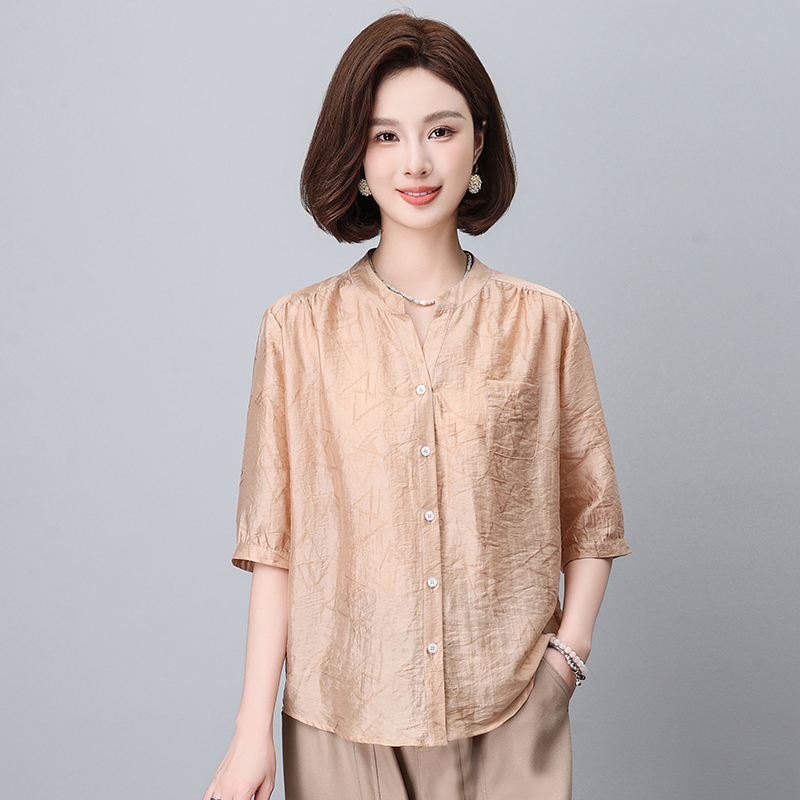 薄款衬衫女夏季2024新款V领天丝半袖小衫百搭休闲宽松妈妈T恤上衣