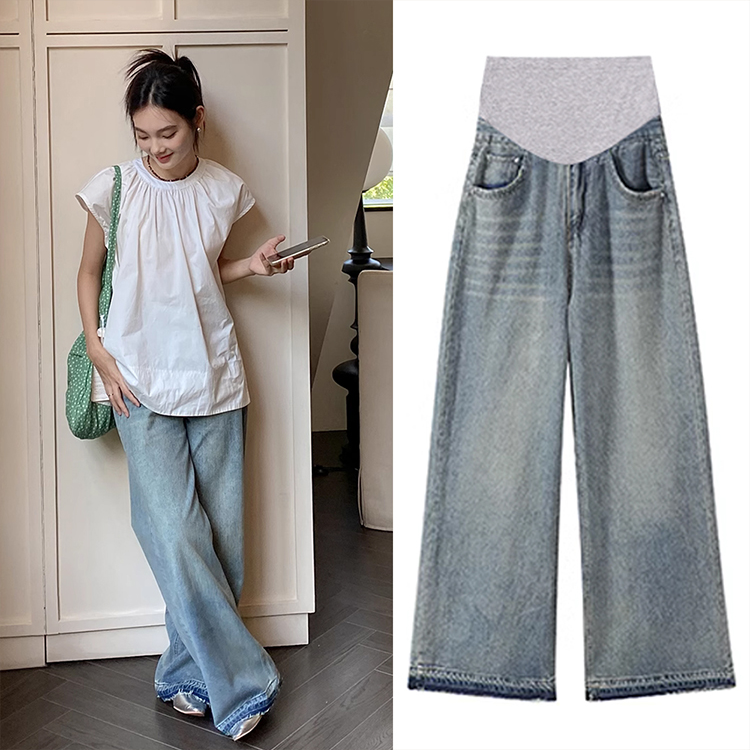 孕妇牛仔阔腿裤子不勒肚子夏季薄款外穿托腹拖地长裤春秋款打底裤