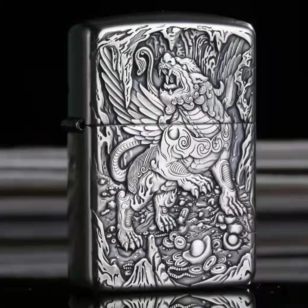 925银盔甲天禄貔貅鬼王 双面3D浮雕DIY银盔甲  防风打火机