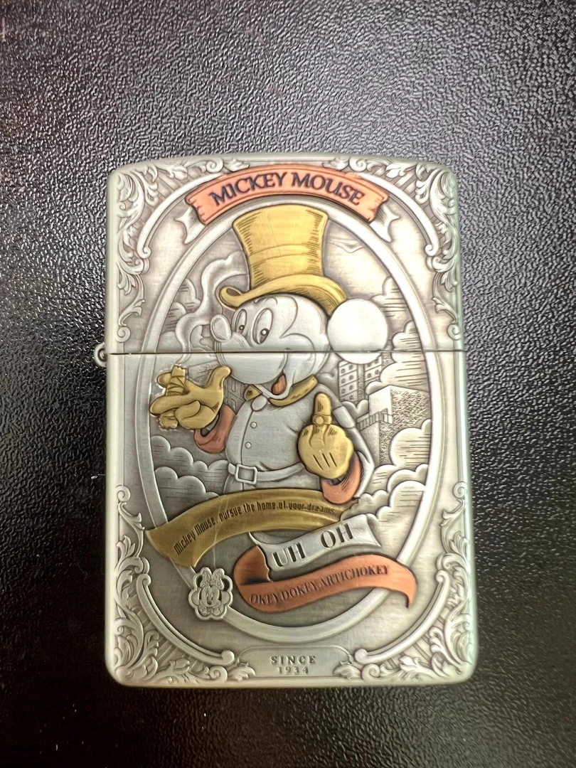 米老鼠 925纯银盔甲罗曼布丁双面浮雕镶嵌防风打火机男士礼品