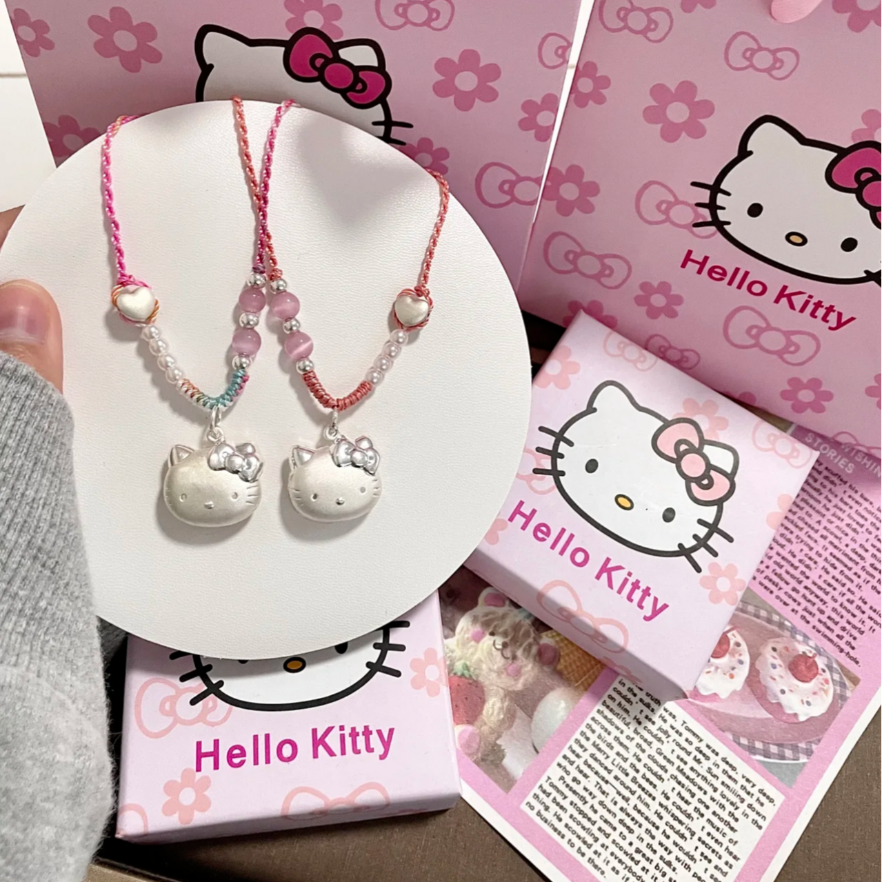 吊坠足银 hellokitty足银999凯蒂猫吊坠编绳KT项链送情侣女友礼物