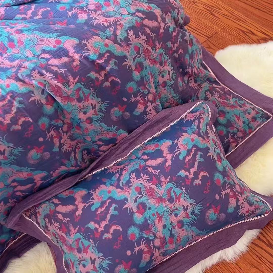 【紫色舞蝶—枕套纽扣款】 全棉A类色织透气双层纱48*74枕套一对装