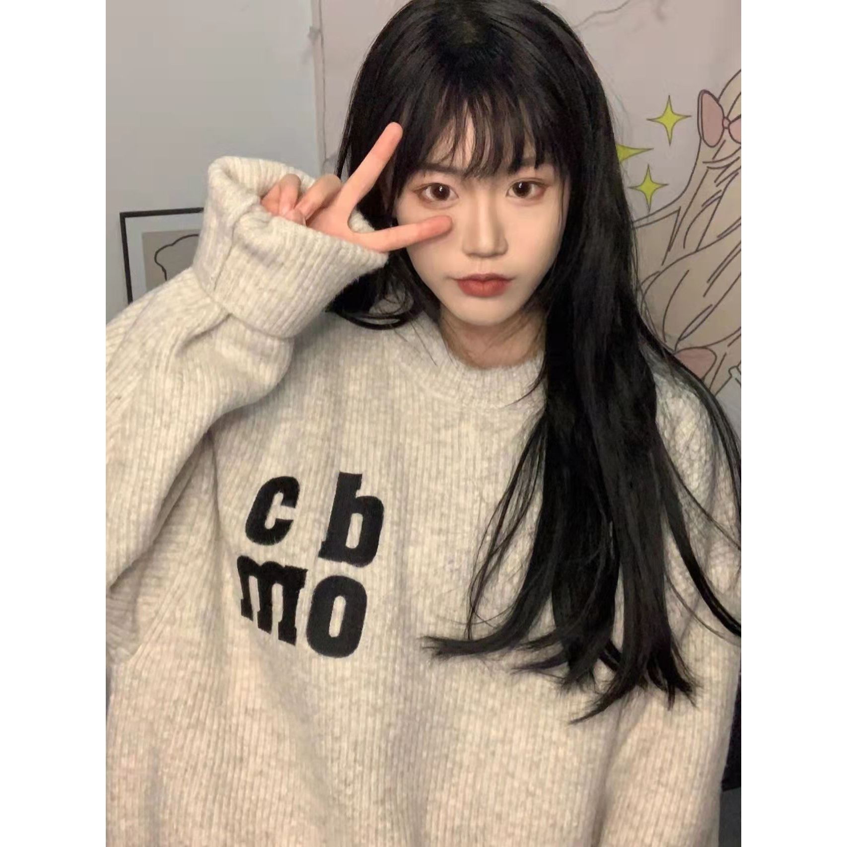 麦东大门毛衣字母宽松慵懒风针织衫套头秋冬女厚实线衣秋冬