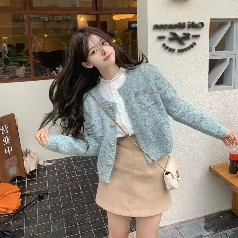 麦法式甜美短款小香风针织毛衣女秋韩版长袖秋冬新款圆领开衫
