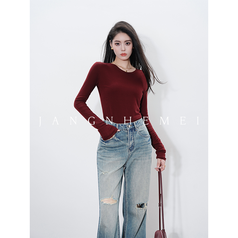 JANGHEMEI【超薄兰精打底】圆领长袖百搭薄款针织T恤 T24327M43