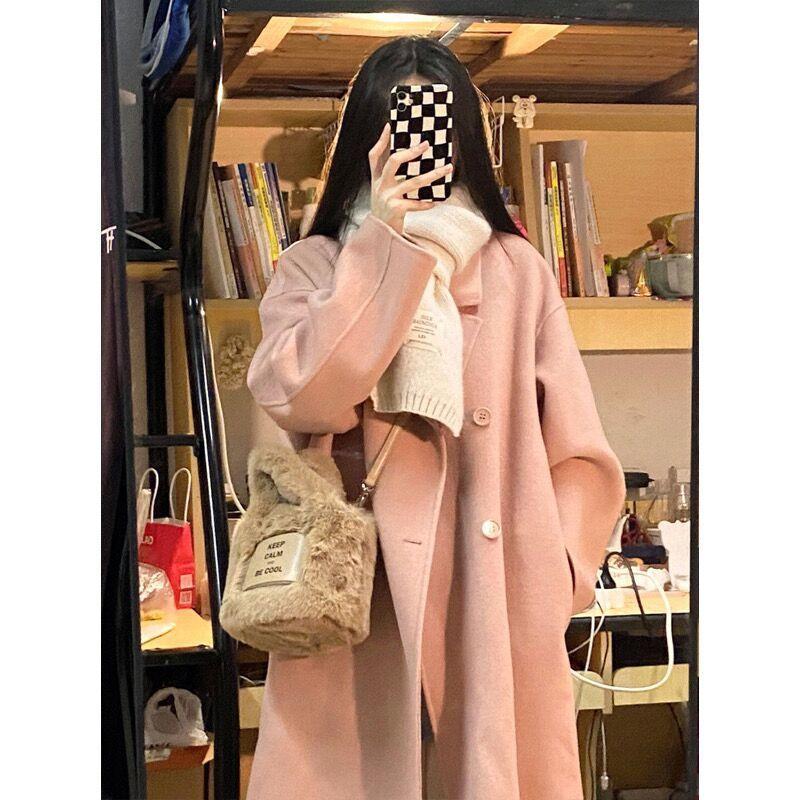 波司登粉色双面呢大衣女2023秋冬新款韩版宽松中长款赫本风过膝毛