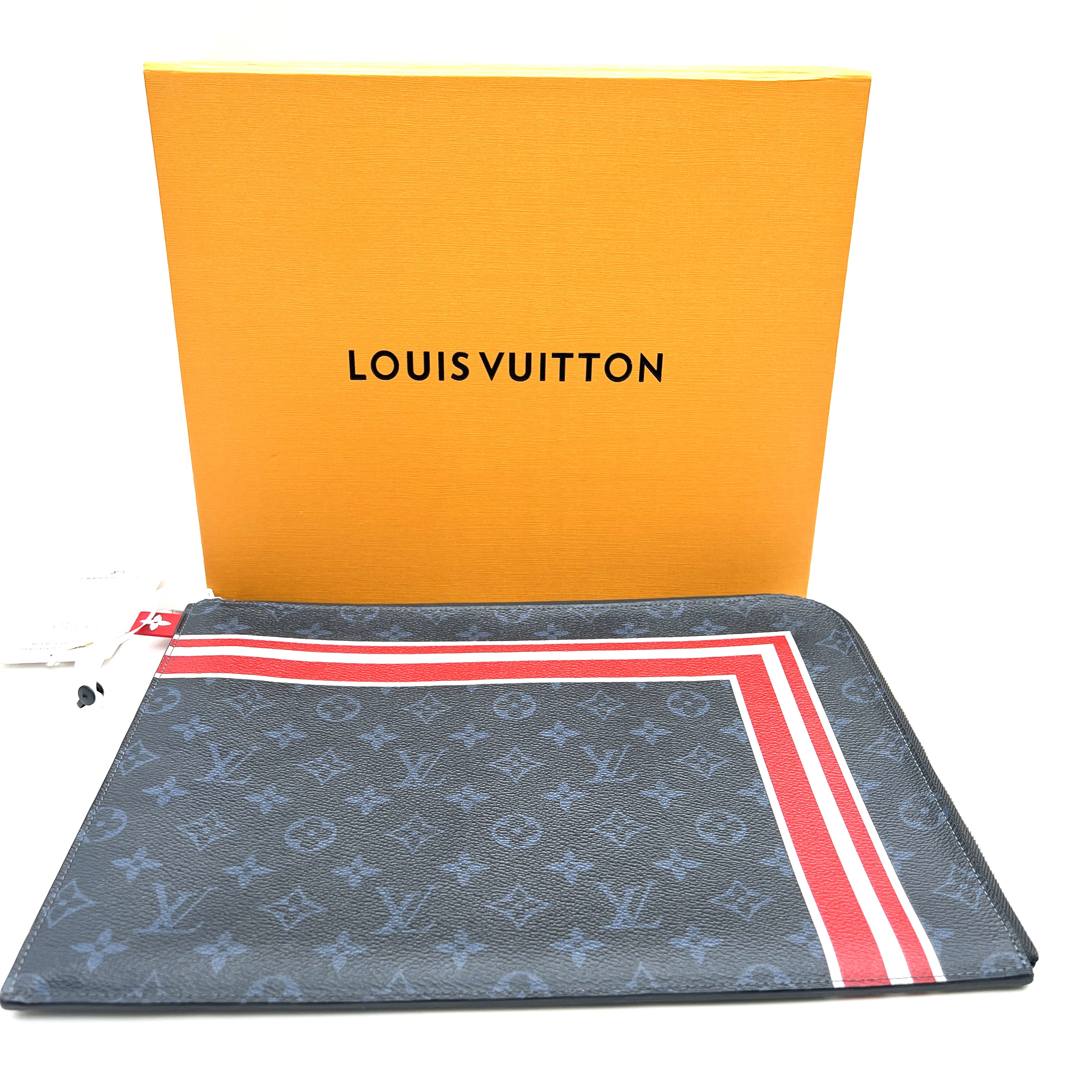 95新 LouisVuitton/路易威登 lv红蓝条纹手拿包/H130