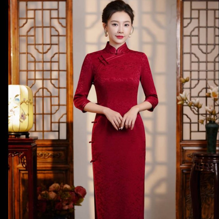 中式中国风旗袍酒红色长款礼服连衣裙复古国风气质修身日常显瘦