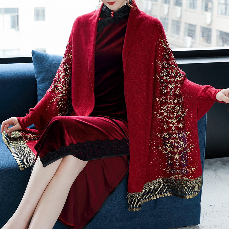 蝶芙莎婚宴时尚红色结婚喜婆婆气质保暖斗篷婚礼刺绣披肩秋冬季