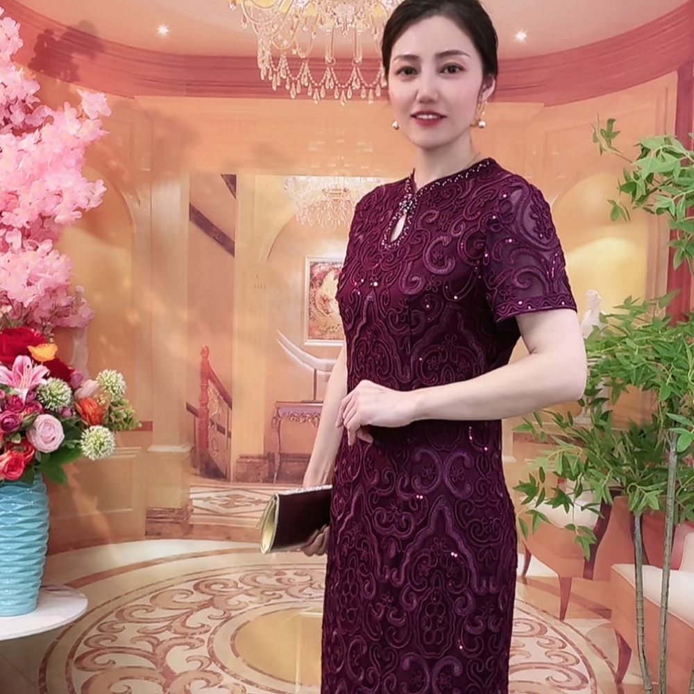 新中式修身喜婆婆喜妈妈立体优雅绣花旗袍显瘦气质网红夏季蕾丝