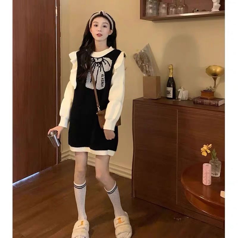 可爱减龄学院风小个子拼接假两件木耳泡泡袖蝴蝶结印花针织连衣裙