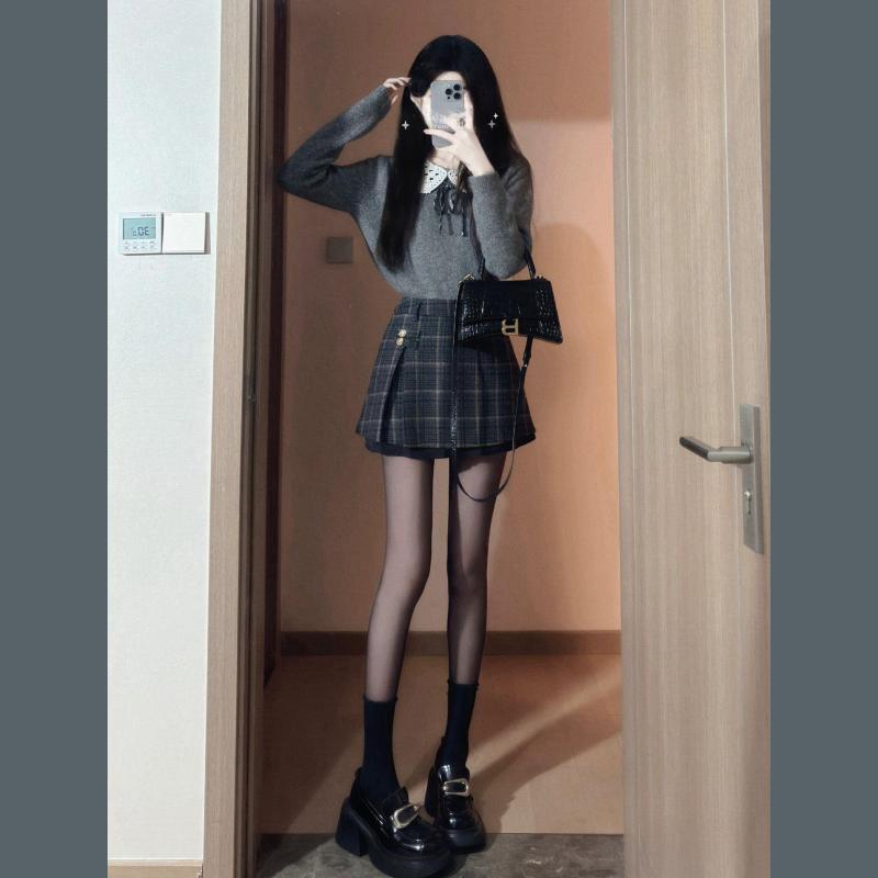 秋冬装搭配一整套小个子网红高级感学院风灰色毛衣短裙两件套装女