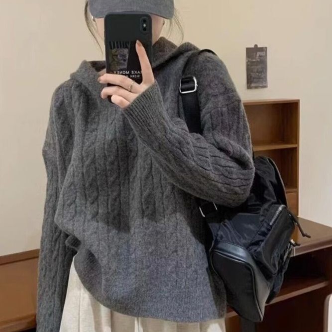 美拉德学院软糯打底衫内搭毛衣外套宽松休闲连帽卫衣简约百搭针织