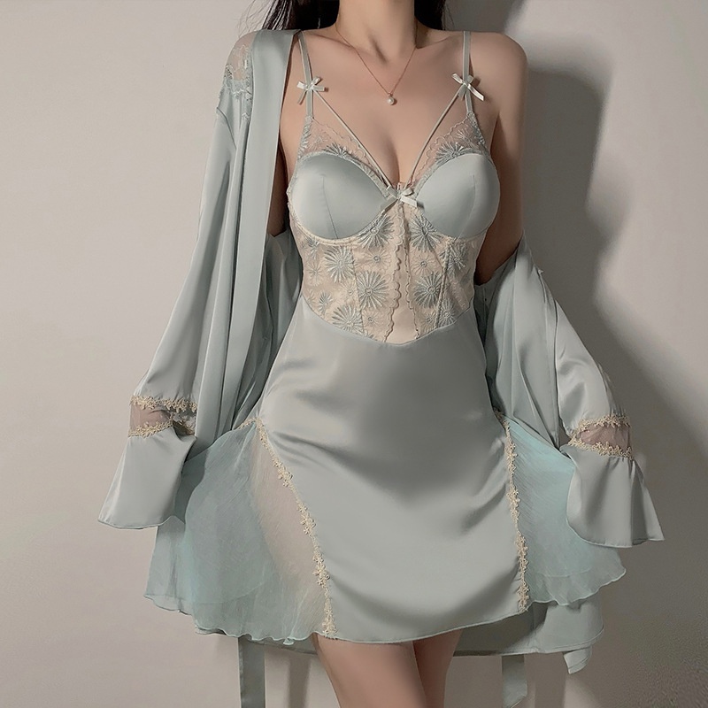 轻奢冰丝睡衣性感深V加胸垫吊带睡裙开襟缎面外袍套装