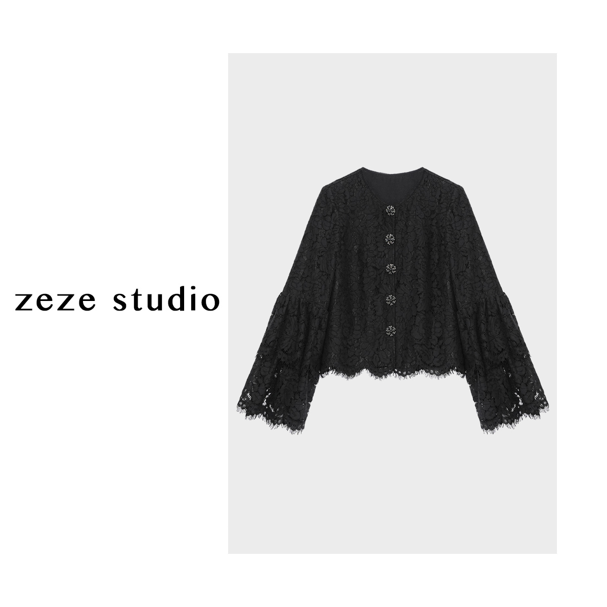 zezestudio【蕾丝花园】24年设计师新款气质风黑色蕾丝短款上衣秋季