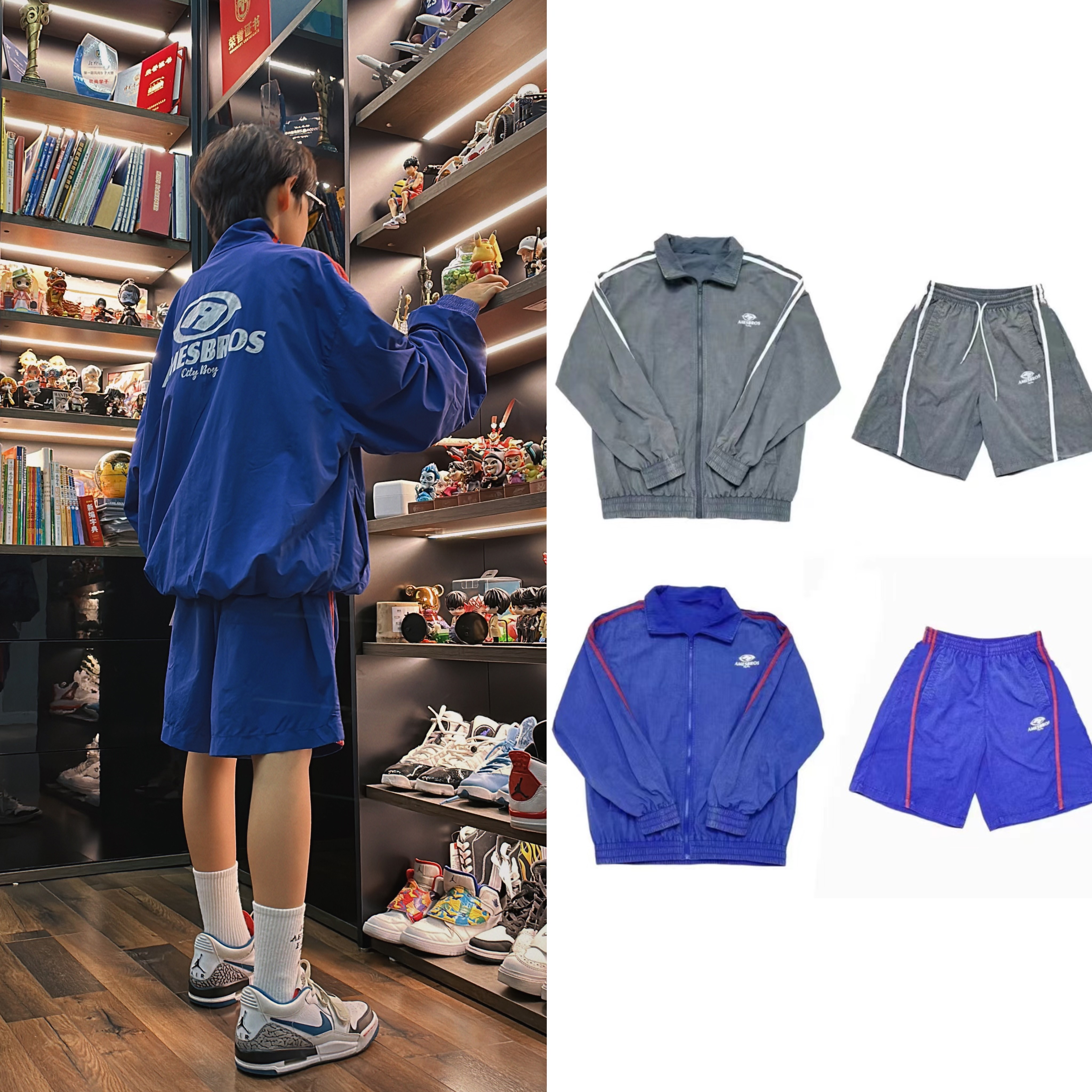 【炸了炸了】蓝灰炒色侧白杠潮流时尚运动百搭长袖春款儿童套装060