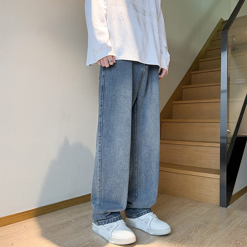 个性复古抽绳牛仔裤宽松直筒休闲百搭潮流高街水洗大码ins长裤男