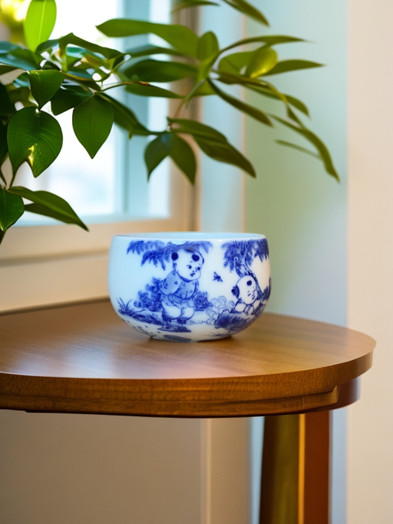 九段烧 妙手青花 青花婴戏莲池圆口杯A