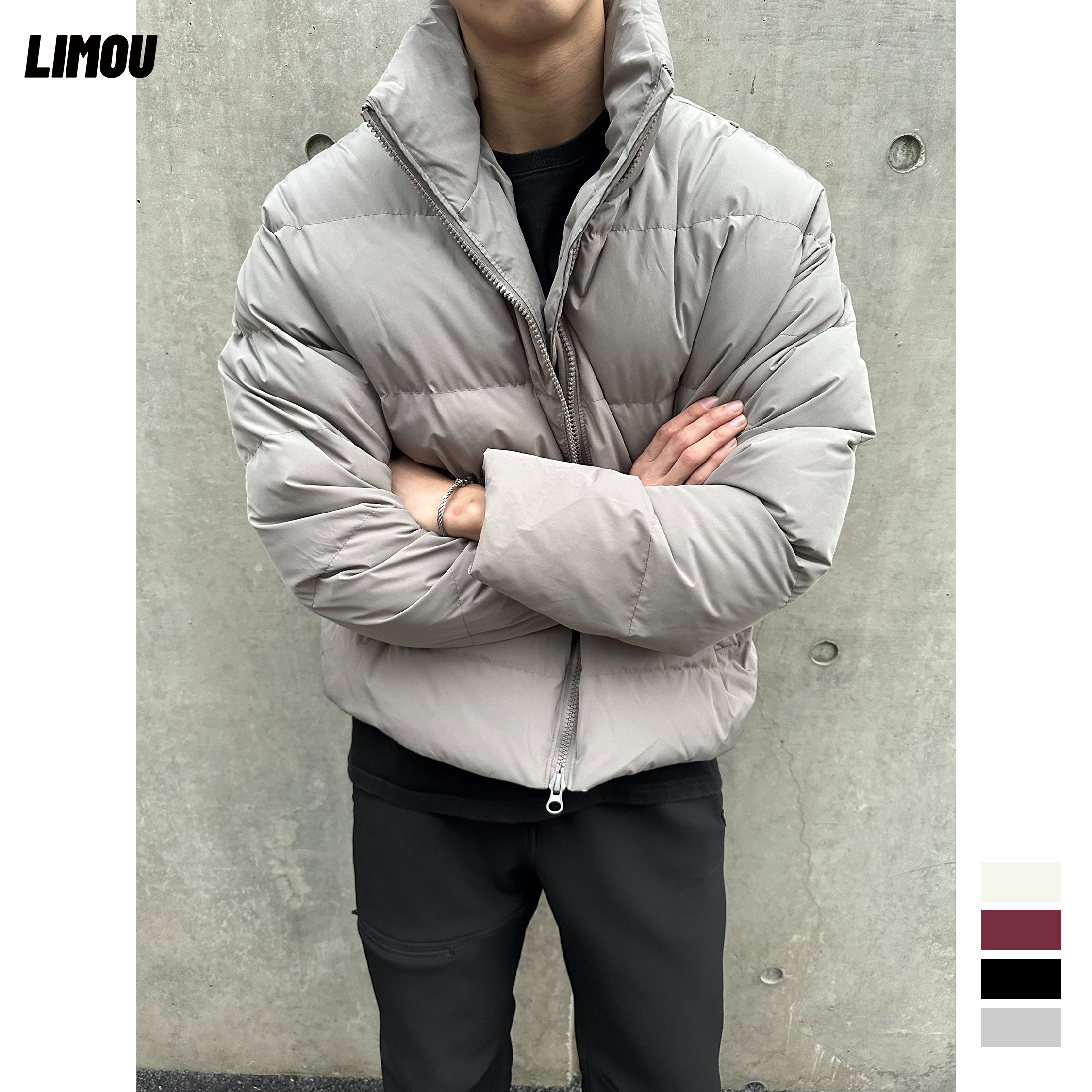 LIMOU冬季90绒白鸭绒cleanfit短款廓版面包立领羽绒衣服外套男装