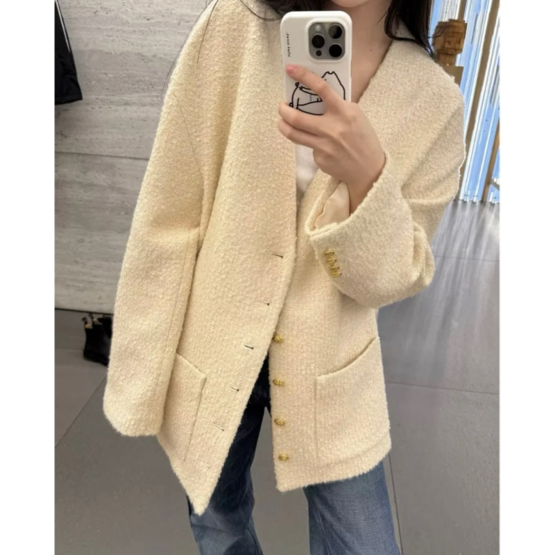 未使用 Celine/思琳 W108630/象牙色V领单排扣外套/尺码36/