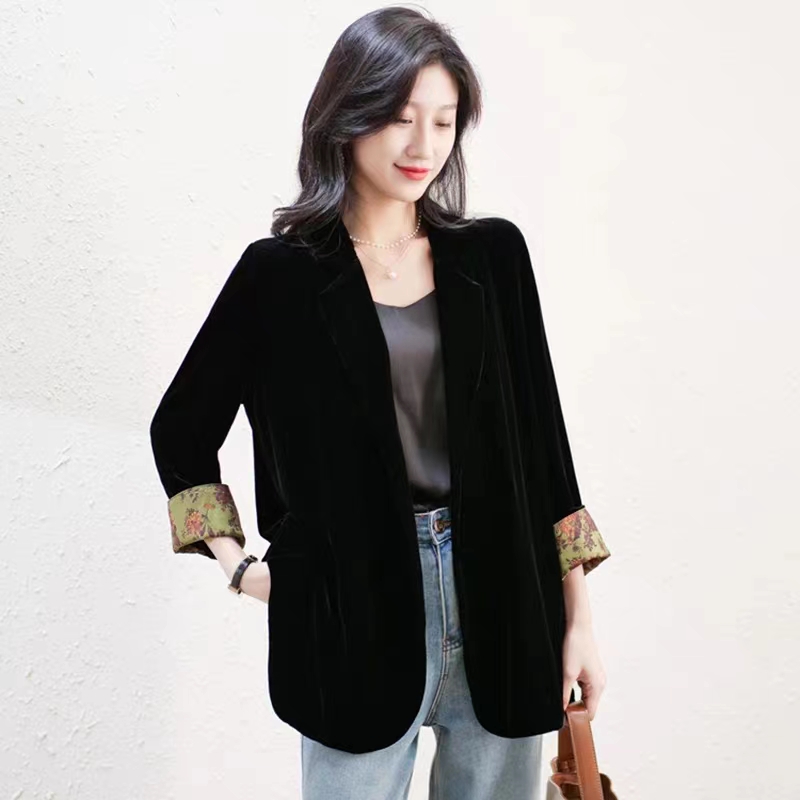 新款复古撞色休闲宽松黑色西服开衫气质显瘦