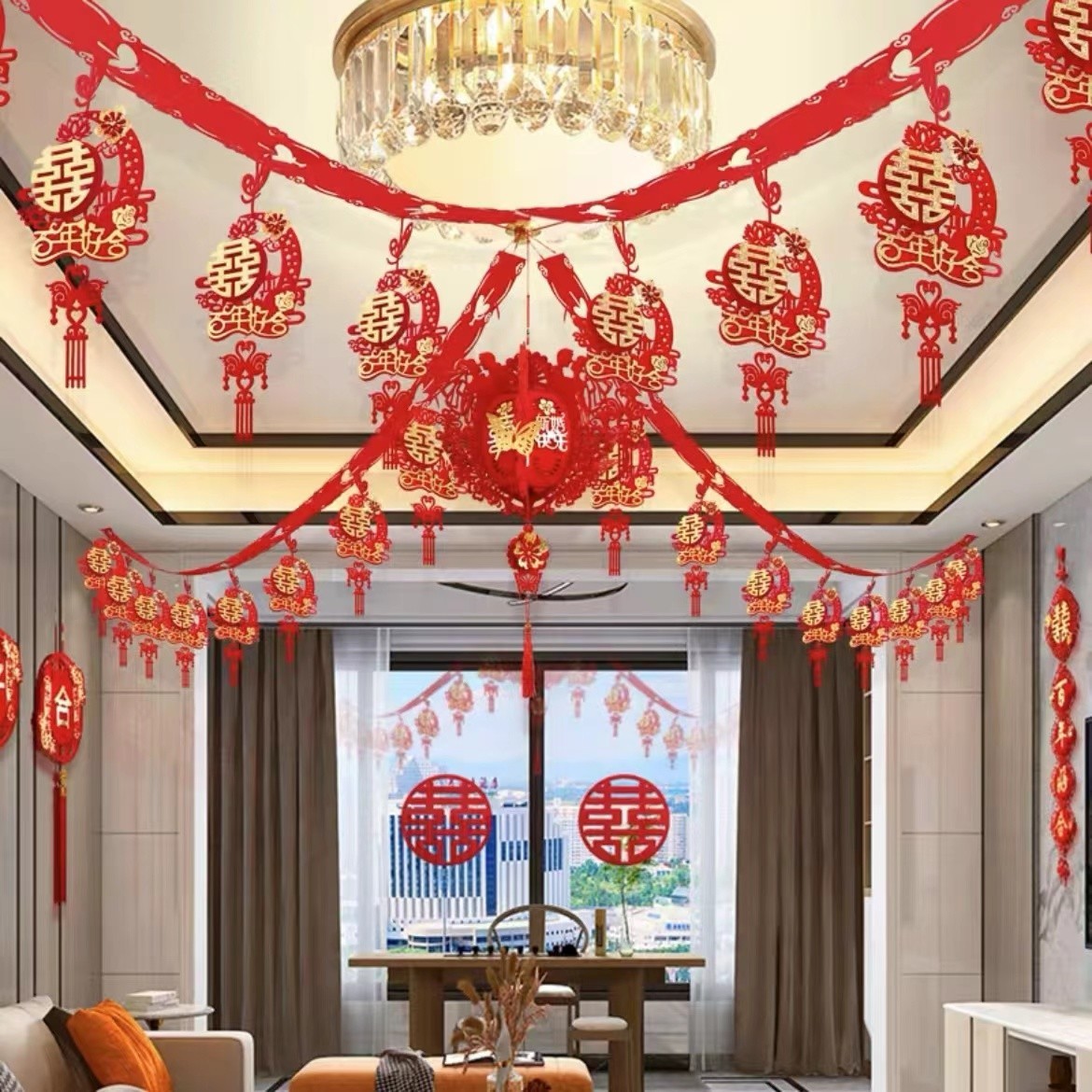 婚房高档拉花无纺布拉花婚房布置装饰婆家娘家喜庆拉花套装