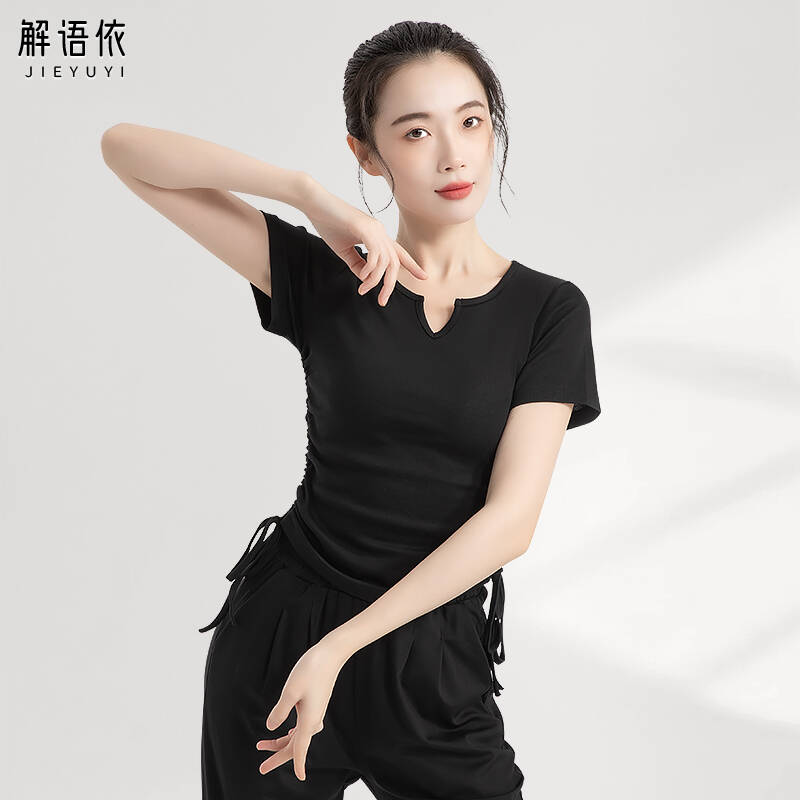解语依现代舞短袖舞蹈练功服女花瓣领中国黑色修身古典舞显瘦上衣