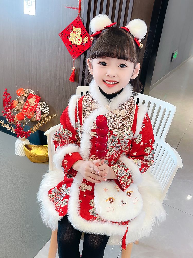 汉服女童拜年服旗袍冬季2023新款儿童中国风唐装加厚小女孩新年装