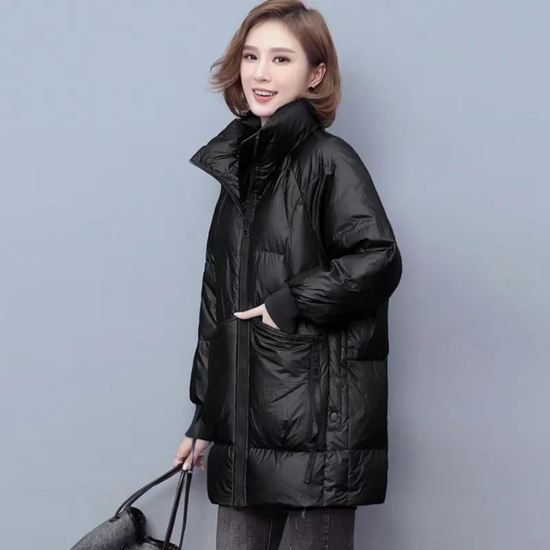 波司澄白鸭绒中长款立领羽绒服女2021年新款加厚保暖宽松外套韩版