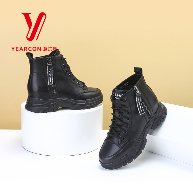 意尔康女鞋户外休闲马丁靴女真皮短靴冬季内增高厚底靴子20266Y