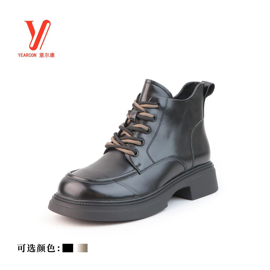 意尔康冬季小短靴圆头平底软皮英伦风皮鞋女23041Y